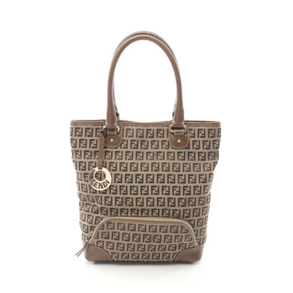 Fendi Zucchino Tote Bag Canvas Leather Beige Cream Brown